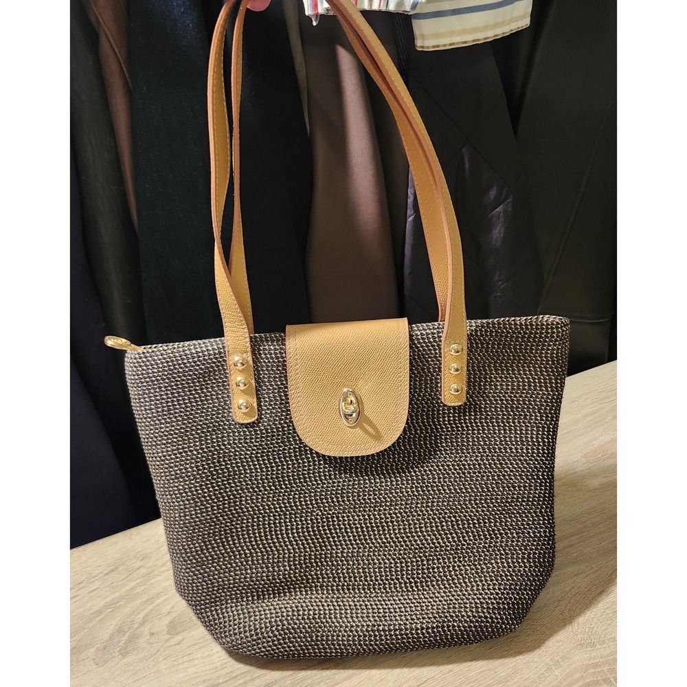 Eric Javits Brown Woven Shoulder Bag Tan& Brown Striped Straw Tote Purse VTG